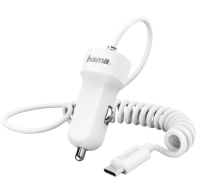 Hama Kfz-Ladeger&auml;t USB-C Samsung Huawei 15W/3A 1M Spiralkabel Wei&szlig; LED