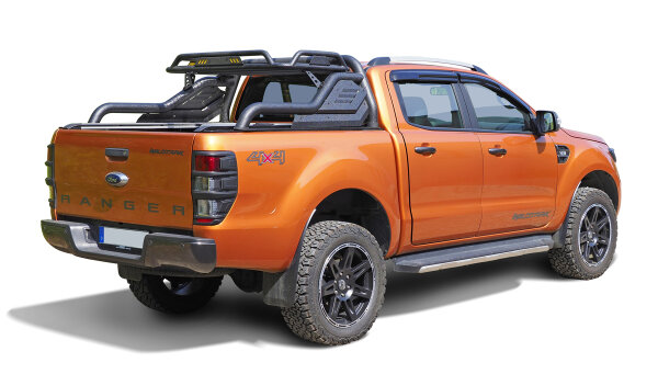 HSP Ladekantenabdeckung + &Uuml;berrollb&uuml;gel Black Stealth mit Gep&auml;ckkorb passend f&uuml;r Ford Ranger 2016-2022 Doppelkabine